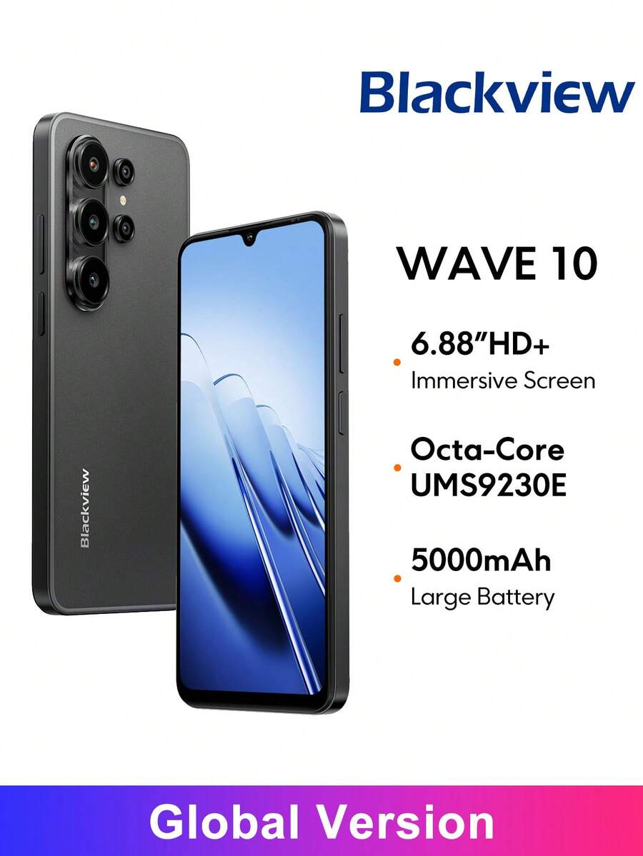 Blackview WAVE 10 全球版智能手机，6.88 英寸高清+ 120Hz 高刷新率显示屏，3200 万像素 AI 后置摄像头 + 1300 万像素前置摄像头，支持最高 24GB RAM + 256GB ROM + 最高 2TB TF 卡扩展 - 黑色 - 查看 1