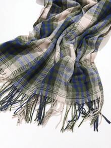 1pc Plaid Fringed Scarf For Autumn And Winter, 180 X 66 Cm - Olive Green - View 5