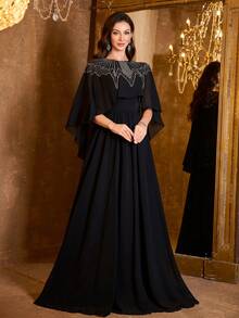 SUPGIR Women's Round-Neck Cape Sleeve Handmade Bright Diamond Ruched Chiffon Evening Drees - Black - View 5