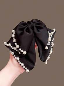 1pc French Pearl Ribbon Bow Elegant Hair Claw Clip, Chic Ponytail Clip For Updo Hairstyle - Black - View 4