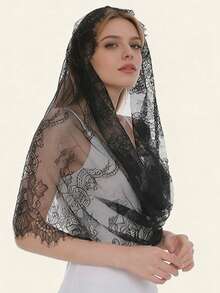 1条女士纯色黑白镂空蕾丝围巾，新款时尚优雅披肩，百搭围巾，适合春、夏、秋季佩戴 - 彩色 - 查看 4