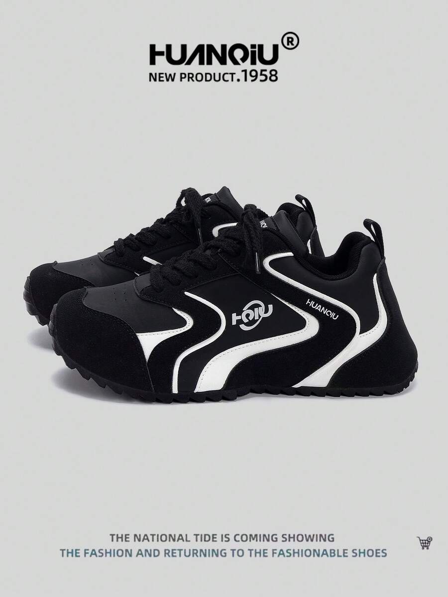 HUANQIU 2026新款男鞋，男士运动鞋，厚底休闲鞋，时尚多功能轻便舒适系带运动鞋，软底休闲鞋，跑步鞋，黑白四季鞋 - 黑與白 - 查看 1