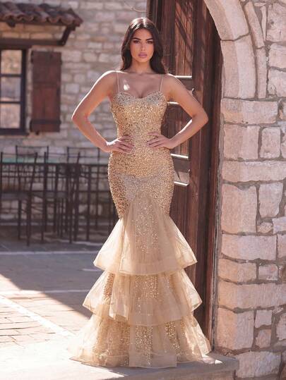 Faeriesty Elegant Spaghetti Strap Mermaid Evening Gown: Fully Sequined, Layered Sheer Mesh Skirt, Open Back Design, High Slit, Floor-Sweeping Train - Ideal For Wedding Photography, Red Carpet Ceremonies, Romantic Anniversary Celebrations, Formal Dinners, And Grand Gala Events