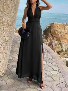 女士性感吊带深V领露背系腰高开衩连衣裙，优雅度假派对黑色夏季款 - 黑色 - 查看 11