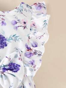 4pcs/Set Baby Girls' Summer Solid Color Ruffle Trim Bow Romper & Solid Color Bow & Floral Print Bow Romper Combination Set - Multicolor - View 7