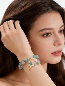 1pc Princess Style Elegant Rose Blue & Pink Alloy Enamel Bracelet With Butterfly Pendant, Suitable For Women's Daily Wear - Baby Blue - View 6