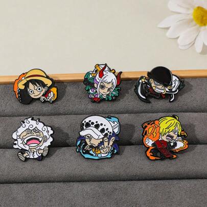 A 6-Piece Set Of One Piece Brooches Featuring Stylish And Cool Chibi Versions Of Monkey D. Luffy And Roronoa Zoro, Perfect For Bag Decorations.