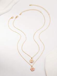 2pcs Sweet Fashion Versatile Five-Leaf Flower Pendant Women Clavicle Chain Necklace Suitable For Party Dating Beach Vacation And Daily Wear - Multicolor - View 3