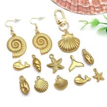 2件套不锈钢海洋动物吊坠，金色海洋海星贝壳海豚海龟吊坠，夏季海滩金属吊坠，夏威夷珠宝制作配件 - 金色 - 查看 7