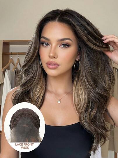 16英寸短波浪假发，渐变棕金色，中分，13*4蕾丝前额手工编织蕾丝，耐热纤维，日常佩戴，进口丝绸，适合派对、婚礼、音乐节、圣诞节等场合，高品质舒适，自然逼真。