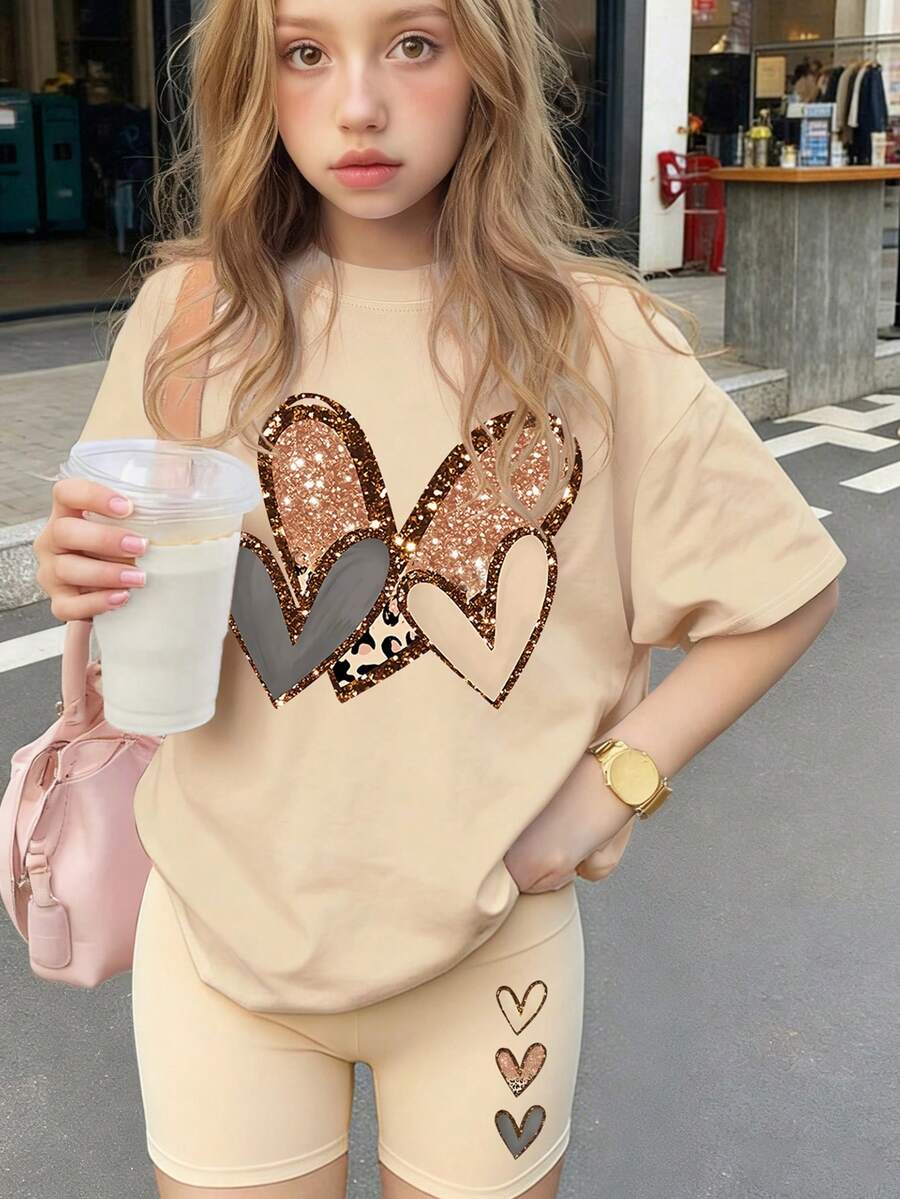 2pcs Girls Loose Short Sleeve Set, Leopard Heart Decor, Elastic Shorts, Fashionable & Fun Spring/Summer Outfit - Apricot - View 1