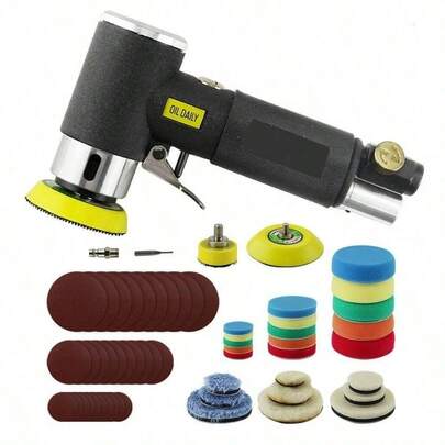 60Pcs Mini Air Sander Kit, Pneumatic Sander With 1" 2" 3" Backing Plates, Sanding Discs, Buffing Pads For Random Orbital Sanding Buffing Polishing