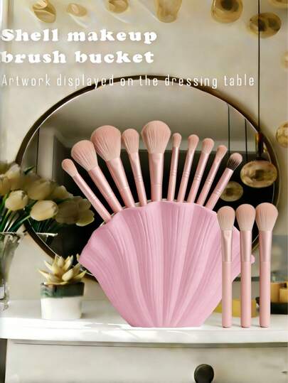 1pc Pink Girly Shell Makeup Brush Holder, Stationery Organizer, Cute & Fresh, Gift For Girlfriend