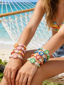 6件套夏威夷风情芙蓉花手链，波西米亚海滩风多巴胺手链，可调节星形仿珍珠手链配花朵吊坠，适合作为礼物、女士日常穿搭、手工制作的波西米亚海滩饰品、派对礼品、生日礼物、母亲节礼物、毕业礼物、婚礼回礼、单身派对配饰 - 多色 - 查看 8