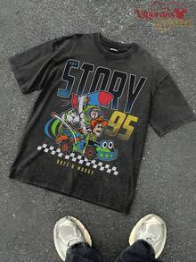 Disney Intage Washed 230g Casual T-Shirt | Buzz & Woody *  Crossover Print Short Sleeve - 黑色 - 查看 2