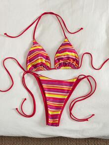 2023 Summer Vacation Beach Leopard Print Sexy Halter Tie Bikini Set - Red Stripes - View 2