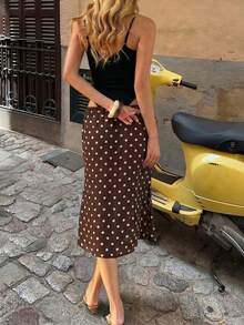 GLOpass Summer Vacation Vibe Brown Polka Dot Skirt, Sheer Mesh Ruffle Hem Design, Retro French Style Slimming Long Fish Tail Skirt For Women - Brown - View 8