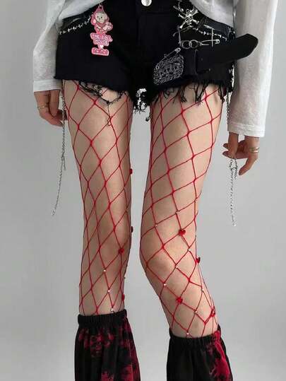 Heart Rhinestone Fishnet Stockings, Shiny Rave Party Tights For Women
