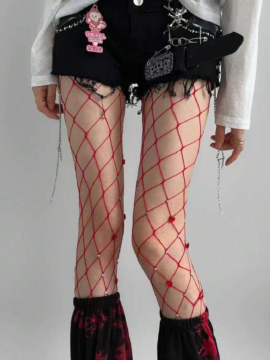 Heart Rhinestone Fishnet Stockings, Shiny Rave Party Tights For Women - Multicolor - View 1