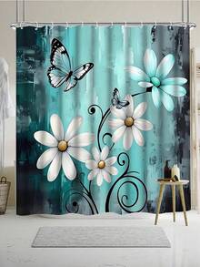 [Rustic Shower] 4pcs Rustic Farmhouse Shower Curtain Set Farm Teal Daisy Floral Bathroom Set With Non-Slip Rugs, U-Shaped Mat, Toilet Seat Cover, Machine Washable Shower Curtain With 12 Hooks, Country Wooden Design With Flowers And Butterflies - A - View 17