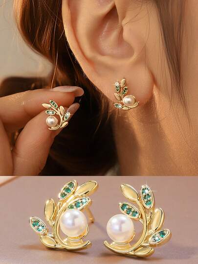  1 Pair Elegant Delicate Gold Leaf & Faux Pearl Design Earrings, Vintage Chic Style For Women, Suitable For Wedding & Dates