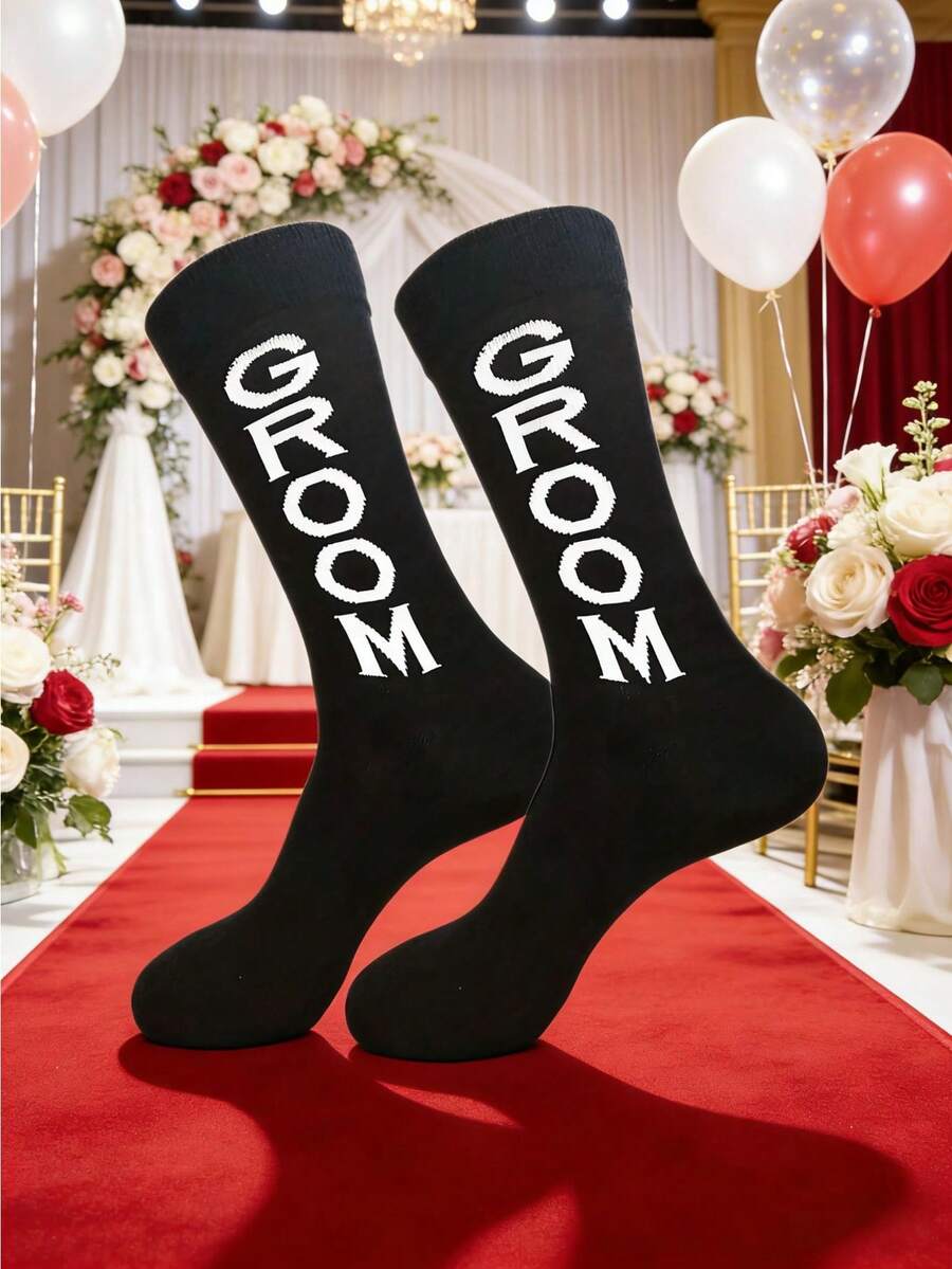 1 Pair Black Groomsmen Socks, New Wedding Socks For Groom And Groomsmen, Long Dress Socks - Multicolor - View 1