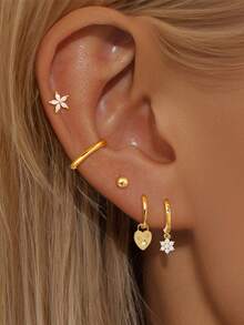 5件套可爱镀金立方氧化锆心形星星吊坠耳环，女士耳钉，时尚首饰 - 5件/套 - 查看 1