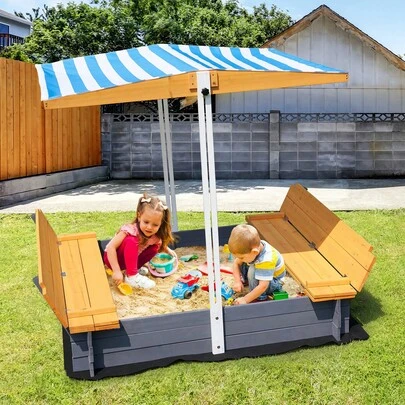 Wooden Sandbox With Canopy, 57.3 X 47.2 X 47.2 In Sand Box, Sand Pit With Foldable Bench Seats And Bottom Liner, Natural Wood Kids Sandbox For Outdoor Backyard, Beach, Park, Gift For Ages 3-12