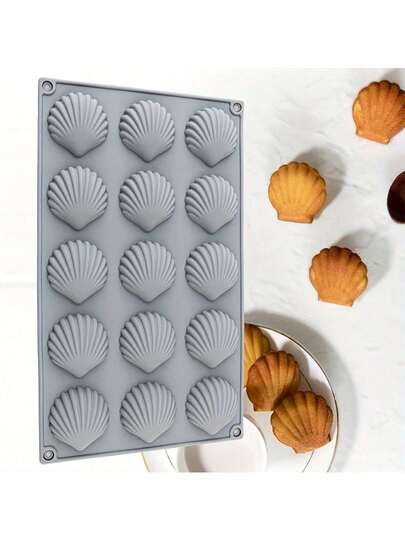 1个15孔贝壳硅胶烘焙模具 - 耐热高达450°F（约232°C），不粘涂层，适用于圣诞节/万圣节/感恩节蛋糕烘焙，可重复使用，家用烘焙托盘