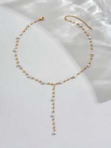 两件套优雅圆形串珠项链，不锈钢材质，镶嵌立方氧化锆，女士锁骨链和Y形项链，适合女士日常佩戴、派对佩戴或夏季海滩佩戴，完美礼物 - 金色 - 查看 7