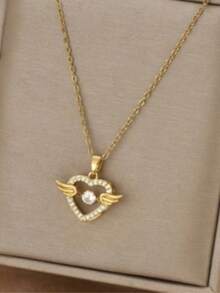1pc Gold Angel Wing Heart Pendant Necklace, Romantic Luxury Elegant Style Fashion Jewelry, Suitable For Dating, Gifting, And Daily Wear (OPP Bag Packaging) - Yellow Gold - View 2