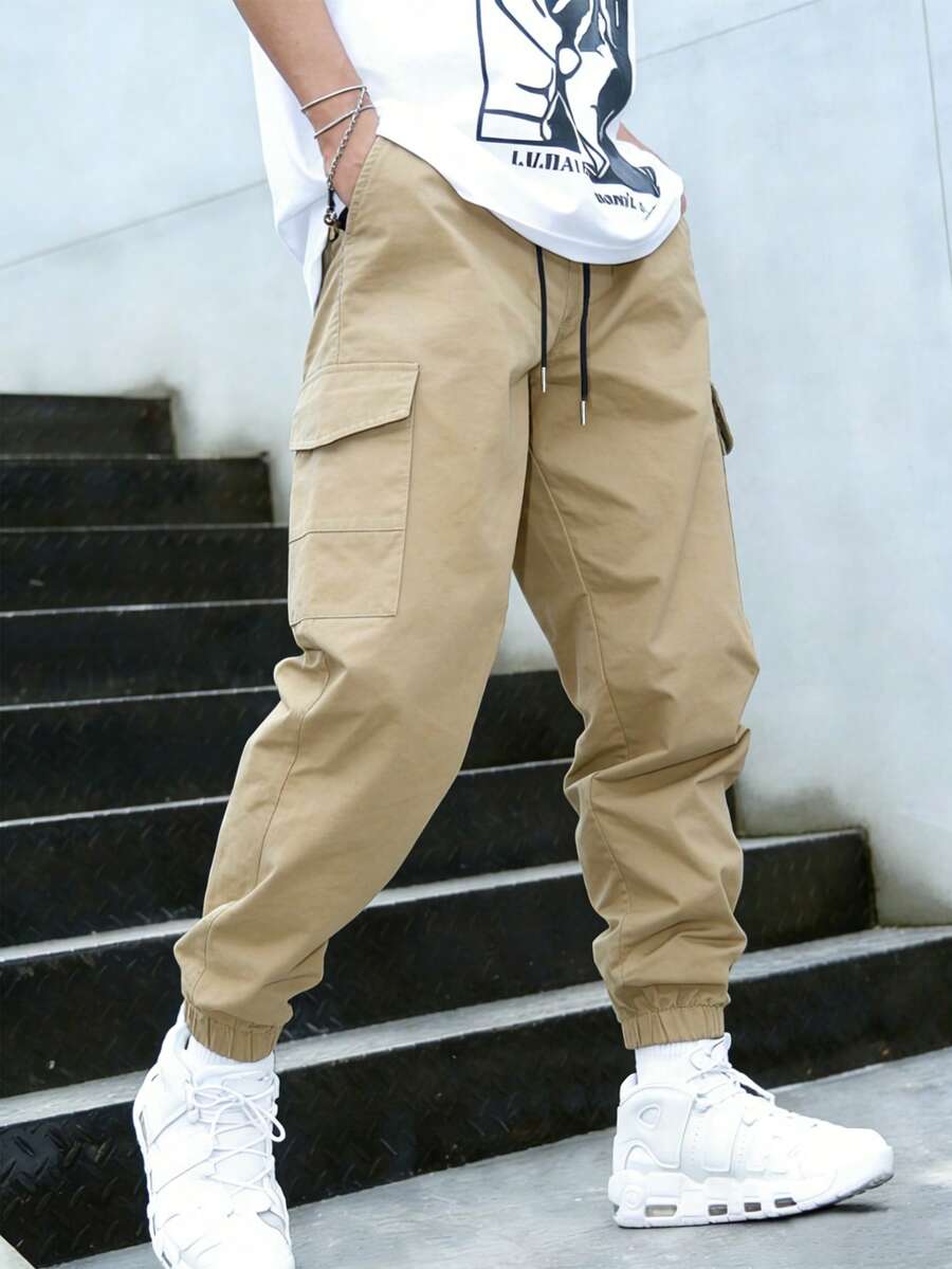 Pantalones para hombre, pantalones cargo de unicolor con cordón y múltiples bolsillos, pantalones de chándal sueltos y cómodos para primavera/otoño - Caqui - Ver 1