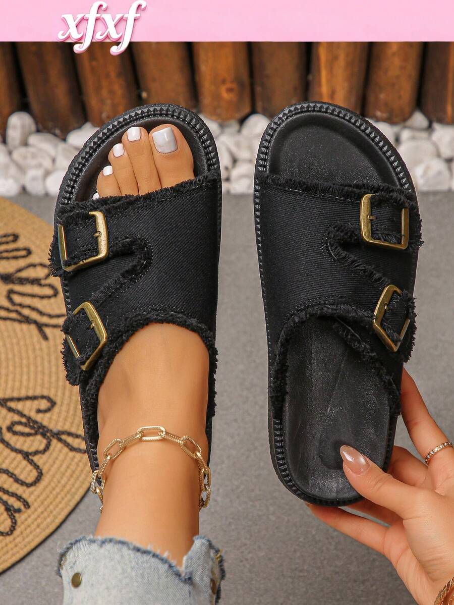 1 Pair Women's Spring/Summer Casual Fashion Adjustable Elastic Double Buckle Strap Thick Sole Design Leg-Flattering Retro Mule Sandals, Essential Item For Women