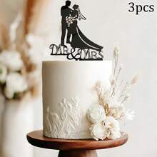 1 pièce/3 pièces Figurine de marié et mariée en acrylique noir, décoration pour gâteau de mariage, fiançailles, anniversaire - Multicolore - Voir 10