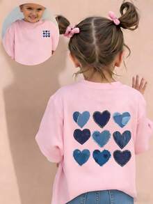 女童休闲趣味印花圆领短袖T恤，夏季上衣 - 粉色 - 查看 3