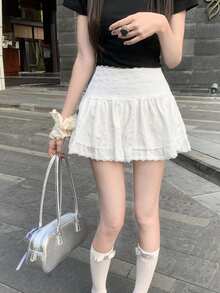 Chân váy ngắn xếp ly viền ren, kiểu dáng ballerina cạp cao thoải mái dành cho nữ mùa hè. - trắng - Xem 2