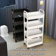 4-Tier Black & White Rolling Storage Cart With Wheels – Rattan-Style Plastic Organizer For Bedroom, Kitchen, Bathroom & Office | Mobile Shelf For Books, Snacks, Cosmetics & Tools Home Organization Essential For Renters, Students & Minimalists - White Thickened - View 3