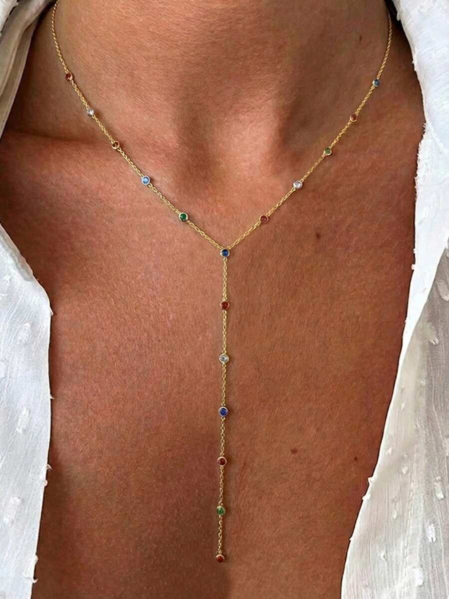 1pc Fashionable Minimalist Gold-Plated Colorful Rhinestone Circular Stainless Steel Y-Shaped Delicate Fine Chain Necklace Accessory - Multicolor - View 1