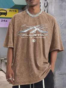 1pc Men's Printed Pattern Washed T-Shirt - Casual Loose Summer T-Shirt With Star And Flame Design, Adult Brown 100% Pure Cotton Round Neck Shirt, Breathable T-Shirt |   Avant-Garde Casual Wear |   100% Pure Cotton Printed T-Shirt Tops For Women Graphic Tees Men - 咖啡色 - 查看 2