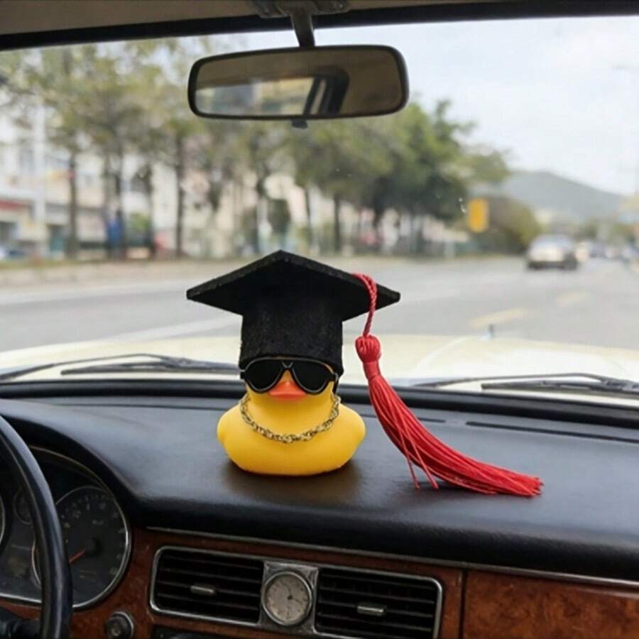 1pc Graduation Season Duck With Hat & Fashion Glasses Decor, Car Dashboard Decoration, PVC Car Interior Accessory, Suitable For Motorcycle & Bicycle, Office Desk Ornament, Decorative Element, Car Accessory, Office Decor, Holiday & Graduation Gift - A - View 1
