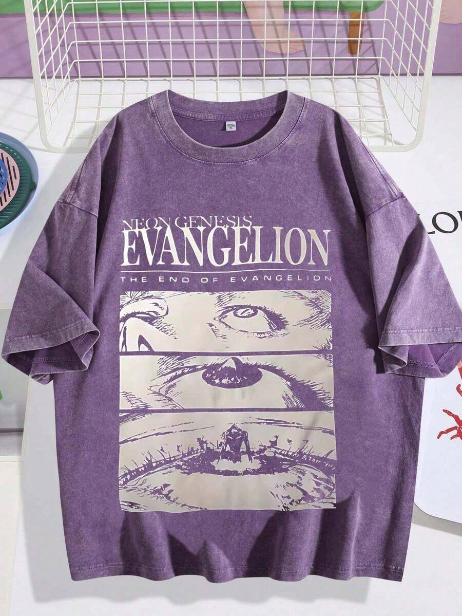 Fall,1Pcs 2026 EWH Mens Loose Retro Washed T Shirt New Century Evangelio EVA Anime Print DG004 Grey Short Sleeve Summer Tops Graphic Tees Women - 紫羅蘭色 - 查看 1
