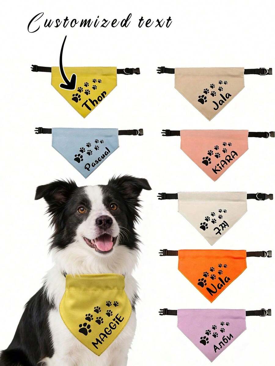 Custom Name Pet Bandana Collar - Personalized Text Paw Print Triangle Bandana, Multi-Color Adjustable Collar For Dogs & Cats-Stylish Paw Print Pet Bandana - Custom Name Triangle Bandana Collar, Multi-Color Pet Accessory For Dogs & Cats-Adjustable Pet Bandana Collar - Custom Name Paw Print Triangle Bandana, Multi-Color Pet Drool Bib For Dogs & Cats- - Multicolor - View 1