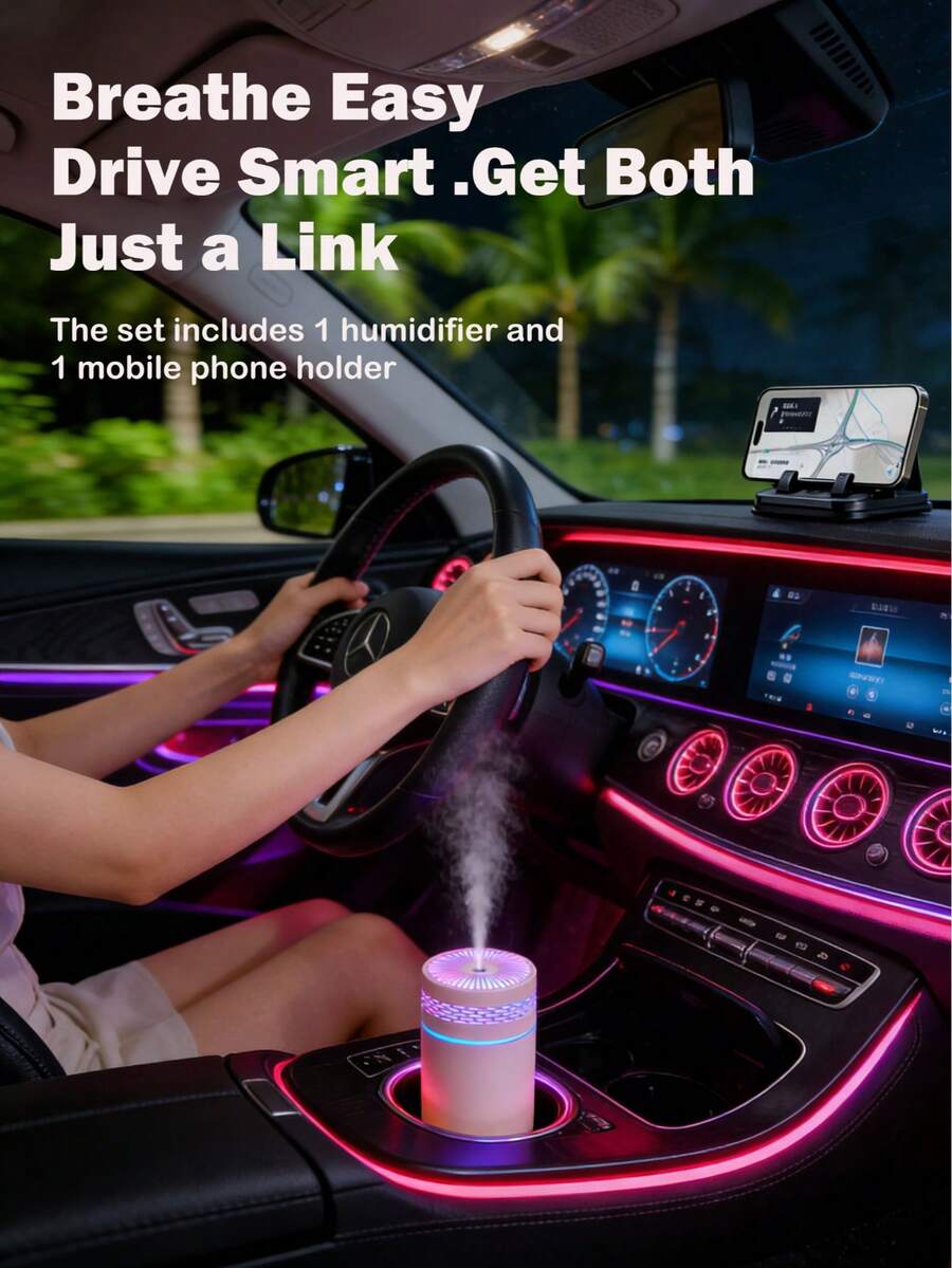 1 Set Car Humidifier (250ml Capacity, Color Changing Night Light, LED Charging) & 360° Rotatable Car Phone Holder With License Plate, Perfect Car Accessories Gift For Friends On Holidays