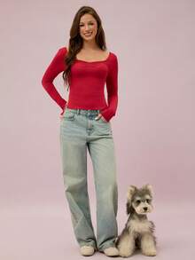 Leadlive 新款春季系列甜心领红色T恤，休闲修身，简约百搭，露背设计，荷叶边开衩，女士长袖上衣 - 紅色 - 查看 7