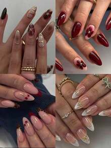 24pcs Medium Almond Shaped Nail Stickers, White French Pointed Tip, Floral Pattern, Fashionable Full Coverage, Suitable For Women & Girls Daily Wear, Summer Nail Art Nails Nail Supplies - 多色 6 - 查看 2