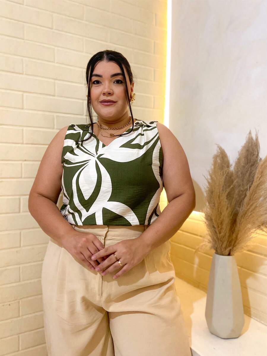 Plain Tank Top, Sleeveless Blouse, Plain Crepe Fabric, With 4 Buttons, Plus Size G1G2G3 46-52, Casual Women's - 67-GREEN - 查看 1