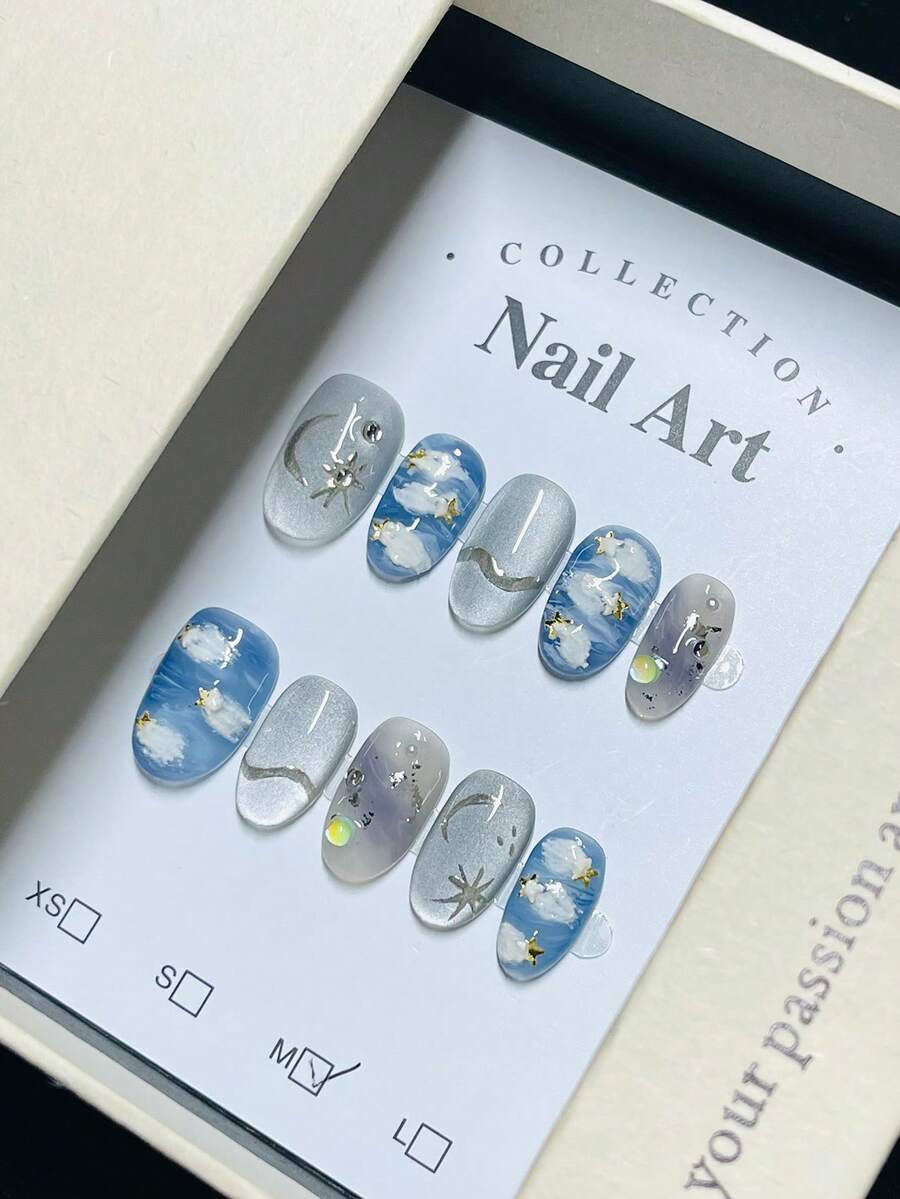 10 miếng/gói - Hình dán móng tay bầu trời sao mộng mơ | Móng giả hình mây, trăng, sao, mắt mèo màu bạc - Nhiều màu - Xem 1