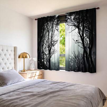 2 Pcs Set, Classic Gothic Forest Pattern Blackout Curtains, Abstract Mysterious Jungle, Dark Trees And Shimmering Moon, Polyester Material, Machine Washable, Suitable For Living Room, Bedroom, Glass Door Home Decor (Rods Not Included)