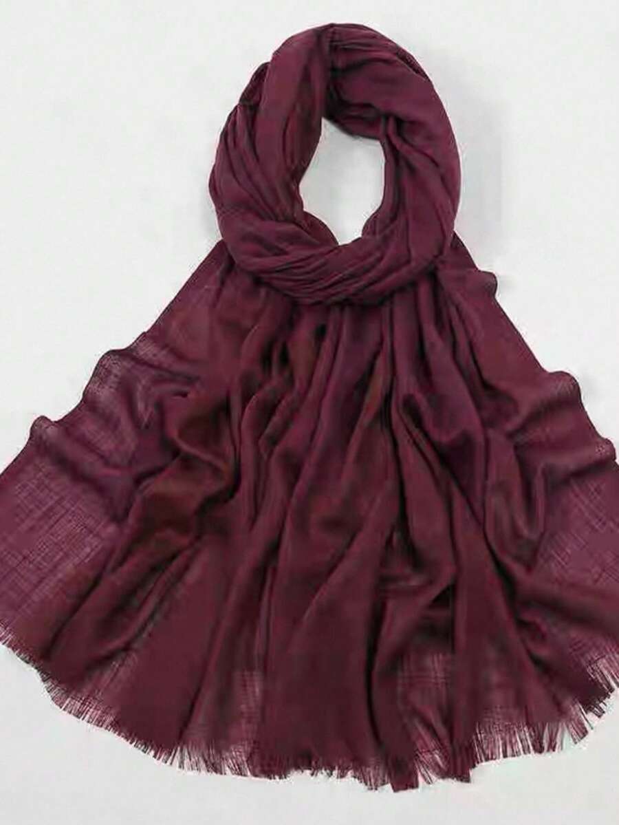 120g Faux Linen Solid Color Tassel Warm Scarf Shawl, Travel Gift, Bamboo Knit Wrap - Burgundy - View 1