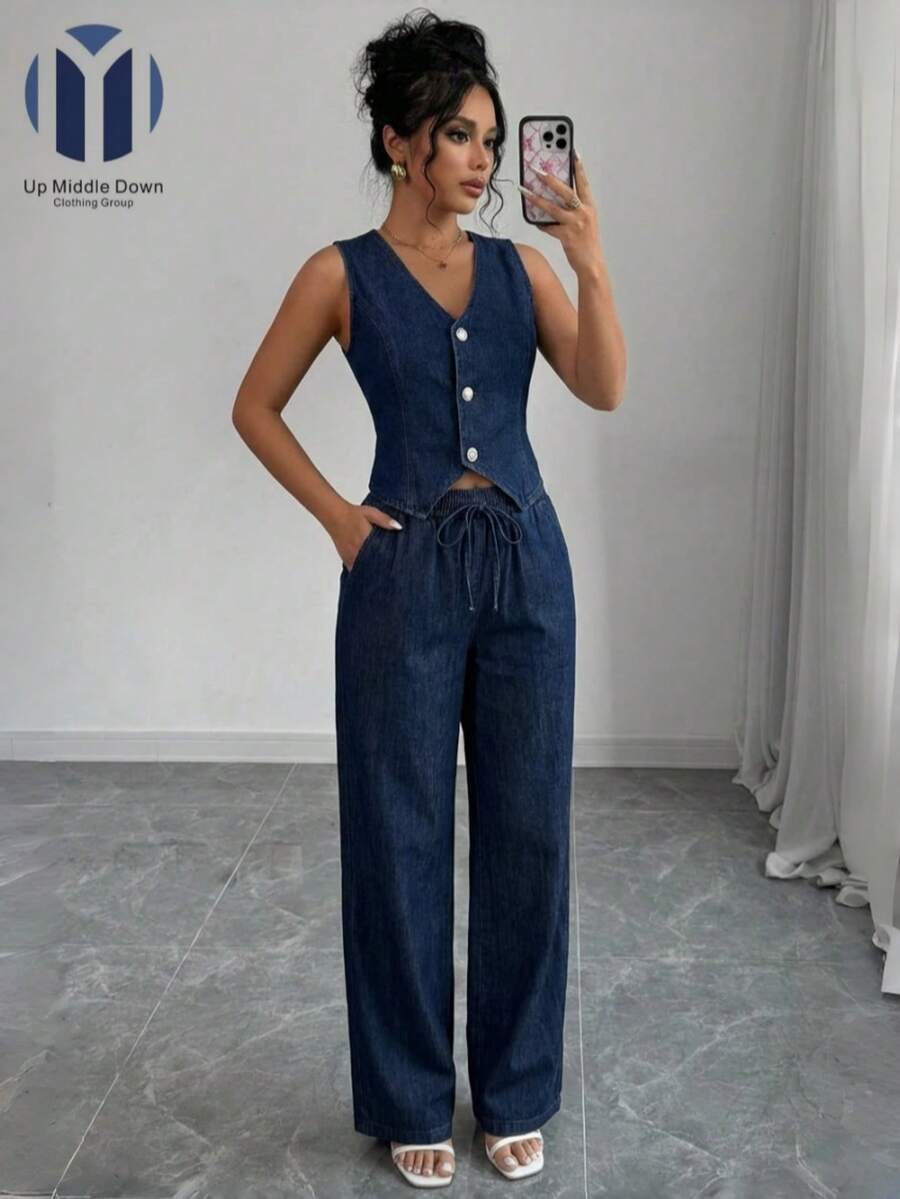 Chaleco sin mangas con botones | Pantalón vaquero pierna ancha con cordón - Azul - Ver 1